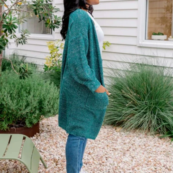 Cozy Dark Teal Duster Cardigan. NWT. Pockets!  Marled. - Picture 3 of 12